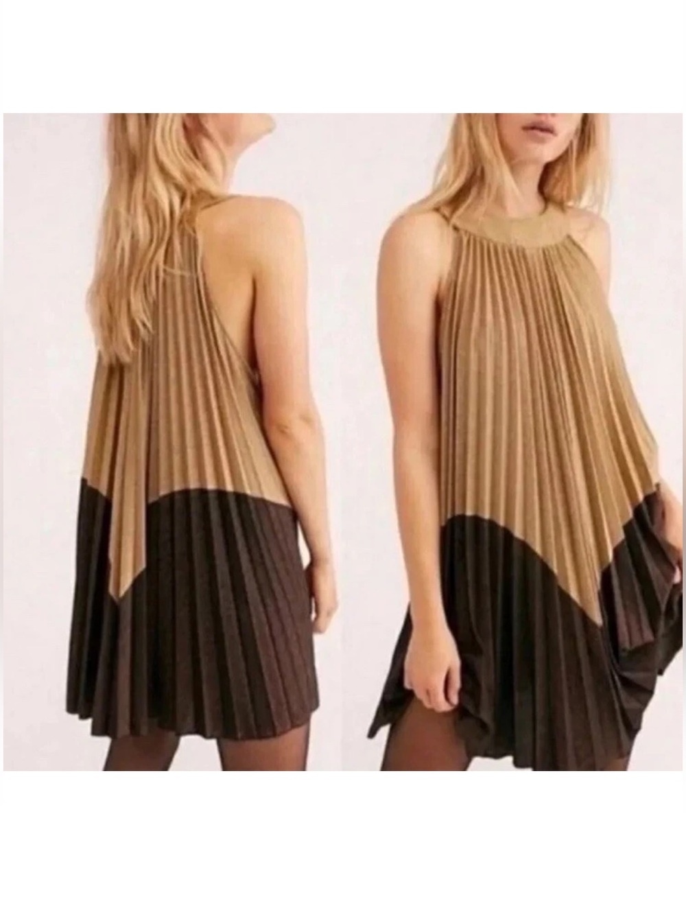 Free People XS Pleated Two-Tone Sleeveless Mini Dress - Gold and Dark Brown
